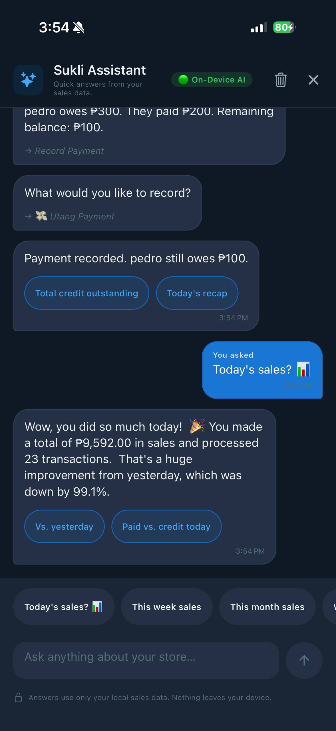 Sukli Assistant sales recap screen